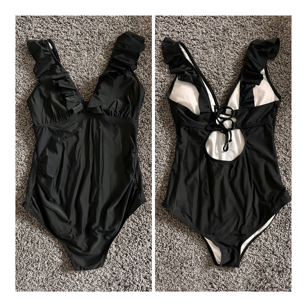 AMAZON One Piece Maternity Swimsuit, Ruffle, Size Small, Color Black